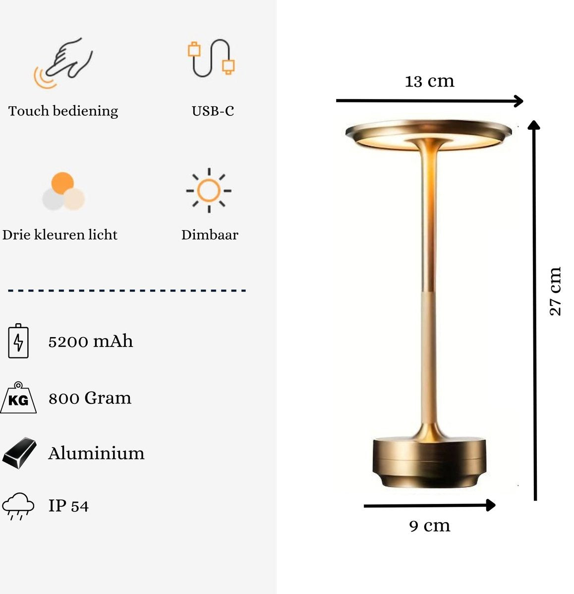 DreamGoods Oplaadbare Tafellamp - Draadloos & Oplaadbaar - Dimbaar - voor Binnen & Buiten - Touch Bediening - Tafellamp op Batterijen - Accu - Decoratie Woonkamer, Slaapkamer & Tuin - Industrieel - Goud