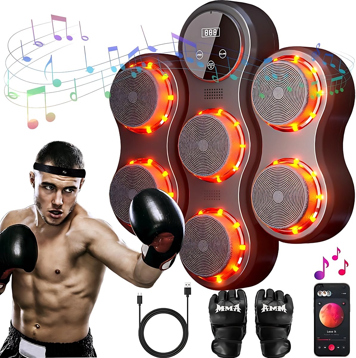 DreamGoods Boxing Machine - 9 Trainingslevels - Boksmachine met Muziek - MMA Handschoenen - Bokszak - Boksbal - Music Boxing Machine - Boks Apparaat - Digitale Boxing Machine - voor Kinderen & Volwassenen - Zwart