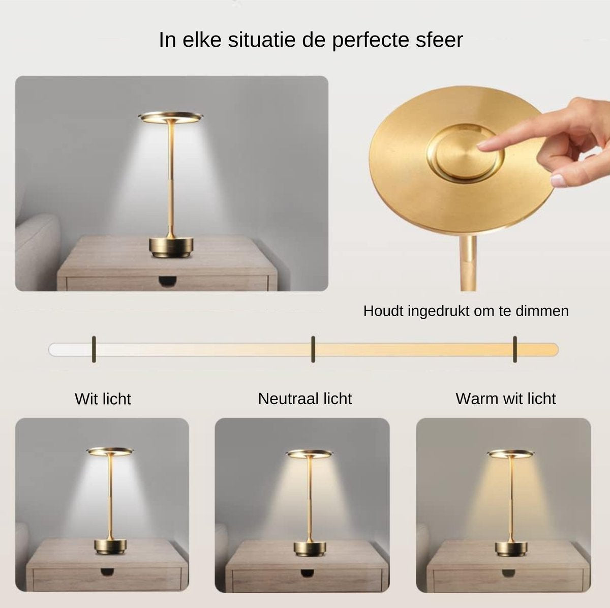 DreamGoods Oplaadbare Tafellamp - Draadloos & Oplaadbaar - Dimbaar - voor Binnen & Buiten - Touch Bediening - Tafellamp op Batterijen - Accu - Decoratie Woonkamer, Slaapkamer & Tuin - Industrieel - Goud