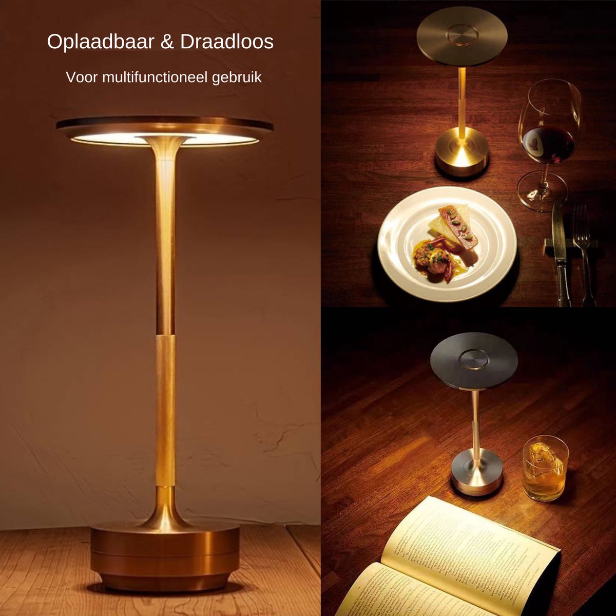 DreamGoods Oplaadbare Tafellamp - Draadloos & Oplaadbaar - Dimbaar - voor Binnen & Buiten - Touch Bediening - Tafellamp op Batterijen - Accu - Decoratie Woonkamer, Slaapkamer & Tuin - Industrieel - Goud