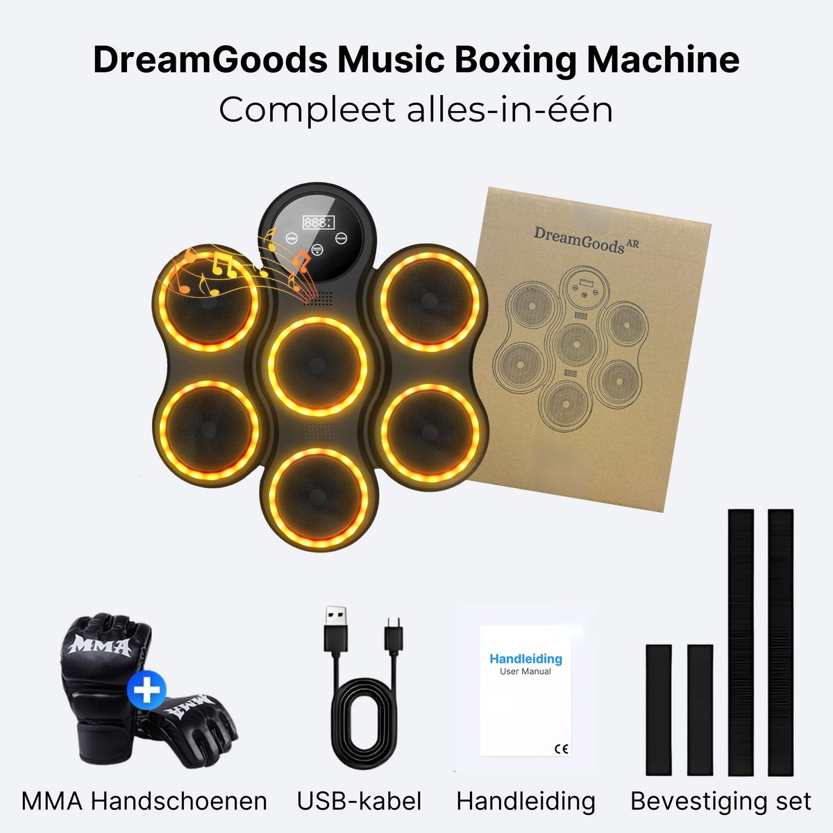DreamGoods Boxing Machine - 9 Trainingslevels - Boksmachine met Muziek - MMA Handschoenen - Bokszak - Boksbal - Music Boxing Machine - Boks Apparaat - Digitale Boxing Machine - voor Kinderen & Volwassenen - Zwart