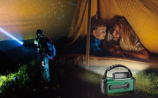 Noodradio - Solar Powerbank - Opwindbaar - 10.000 mAh - Noodalarm - Draagbare Radio op accu - Zaklamp - Survival Noodpakket - Groen - Legergroen