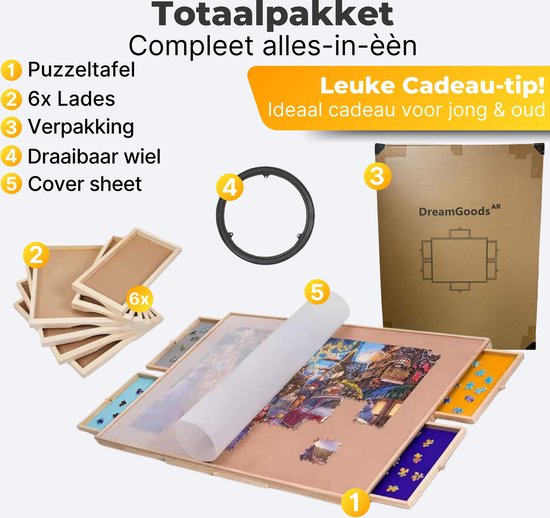 DreamGoods Draaibaar Puzzelbord met Opbergsysteem - 1500 stukjes - 6 lades - Houten - Puzzeltafel - Puzzelplank - Puzzelmap - Puzzelmat - Portapuzzle - Puzzelplaat - Puzzel - Puzzeltafel met Lades