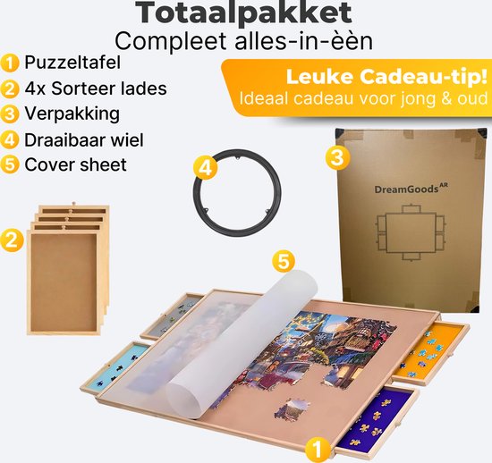 DreamGoods Draaibaar Puzzelbord met Opbergsysteem - 1000 stukjes - 4 lades - Houten - Puzzeltafel - Puzzelplank - Puzzelmap - Puzzelmat - Portapuzzle - Puzzelplaat - Puzzel - Puzzeltafel met Lades 1000 stukjes