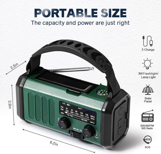 Noodradio - Solar Powerbank - Opwindbaar - 10.000 mAh - Noodalarm - Draagbare Radio op accu - Zaklamp - Survival Noodpakket - Groen - Legergroen