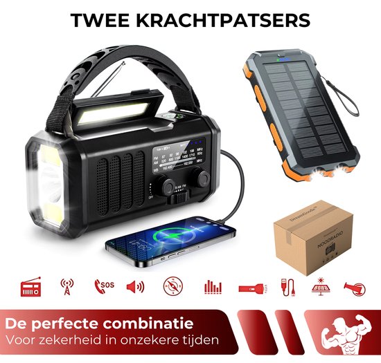 DreamGoods 10.000mAh Noodradio - Solar Opwindbaar - Solar Powerbank 10.000mAh - Denk Vooruit - Draagbare en Opwindbare Radio - Nood Radio - Noodradio dab Solar Opwindbaar