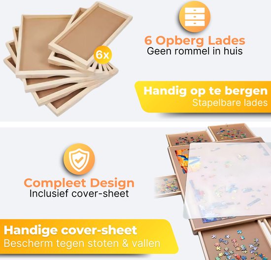 DreamGoods Draaibaar Puzzelbord met Opbergsysteem - 1500 stukjes - 6 lades - Houten - Puzzeltafel - Puzzelplank - Puzzelmap - Puzzelmat - Portapuzzle - Puzzelplaat - Puzzel - Puzzeltafel met Lades