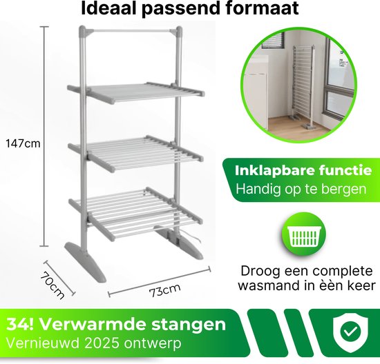 DreamGoods Elektrisch Droogrek PRO - Instelbare Temperaturen & Timer - Duurzaam Drogen - Verwarmd Droogrek - Elektrische Droogrek - Elektrisch Wasrek - Electrisch - Inklapbaar - Droogrek met Verwarming - Elektrische Droogrek Energiezuinig