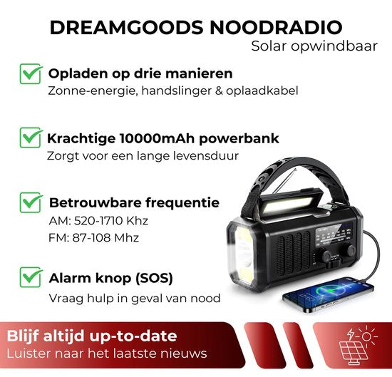 DreamGoods 10.000mAh Noodradio - Solar Opwindbaar - Solar Powerbank 10.000mAh - Denk Vooruit - Draagbare en Opwindbare Radio - Nood Radio - Noodradio dab Solar Opwindbaar