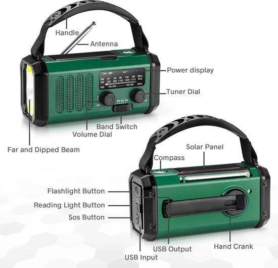 Noodradio - Solar Powerbank - Opwindbaar - 10.000 mAh - Noodalarm - Draagbare Radio op accu - Zaklamp - Survival Noodpakket - Groen - Legergroen