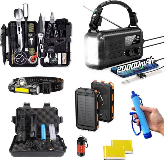 DreamGoods PRO - Noodpakket voor Thuis - Overleven bij Oorlog, Stroomuitval & Rampen - 20.000mAh Noodradio - Compleet Overlevingspakket- Denk Vooruit - 72+ uur Survival Kit