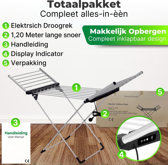 DreamGoods Elektrisch Droogrek - Instelbare Temperaturen & Timer - Duurzaam Drogen - Verwarmd Droogrek - Elektrische Droogrek - Elektrisch Wasrek - Electrisch - Inklapbaar - Droogrek met Verwarming - Elektrische Droogrek Energiezuinig