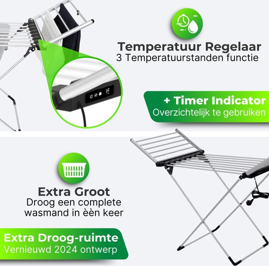 DreamGoods Elektrisch Droogrek - Instelbare Temperaturen & Timer - Duurzaam Drogen - Verwarmd Droogrek - Elektrische Droogrek - Elektrisch Wasrek - Electrisch - Inklapbaar - Droogrek met Verwarming - Elektrische Droogrek Energiezuinig