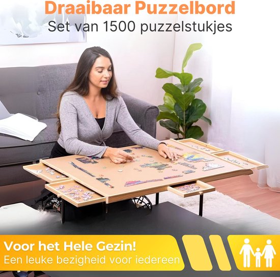 DreamGoods Draaibaar Puzzelbord met Opbergsysteem - 1500 stukjes - 6 lades - Houten - Puzzeltafel - Puzzelplank - Puzzelmap - Puzzelmat - Portapuzzle - Puzzelplaat - Puzzel - Puzzeltafel met Lades