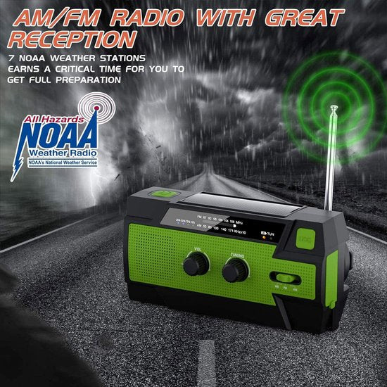 Noodradio - Solar Opwindbaar 4.000mAh - MODEL 2024 - Solar powerbank Zonneenergie - Survival Noodpakket - Zaklamp Oplaadbaar - Noodpakket – Noodrantsoen