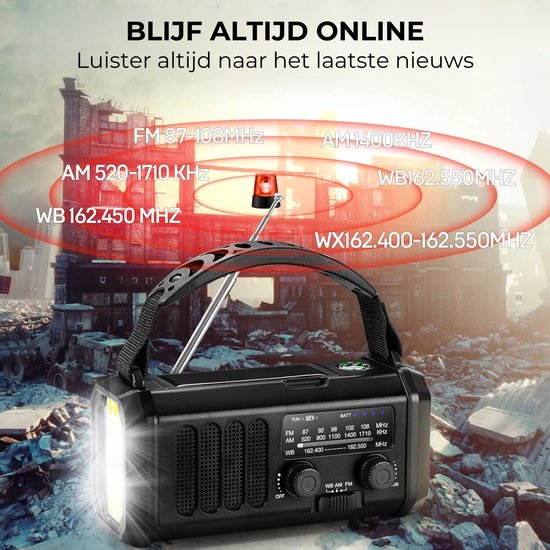 DreamGoods 10.000mAh Noodradio - Solar Opwindbaar - Solar Powerbank 10.000mAh - Denk Vooruit - Draagbare en Opwindbare Radio - Nood Radio - Noodradio dab Solar Opwindbaar