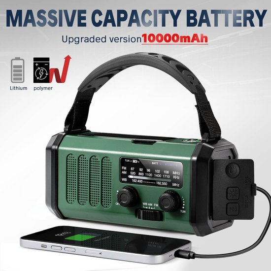 Noodradio - Solar Powerbank - Opwindbaar - 10.000 mAh - Noodalarm - Draagbare Radio op accu - Zaklamp - Survival Noodpakket - Groen - Legergroen
