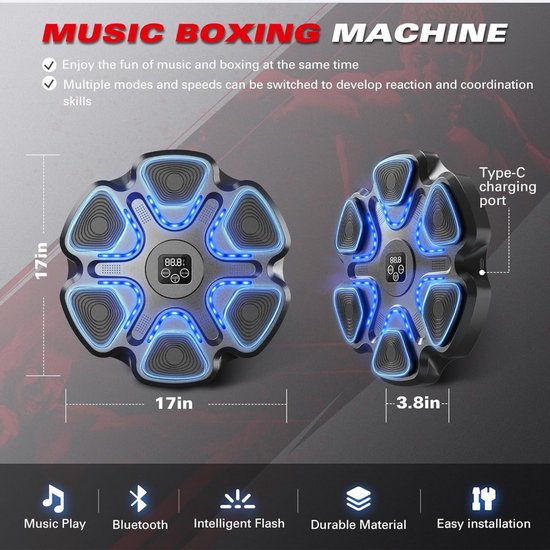 DreamGoods Boxing Machine - 9 Trainingslevels - Boksmachine met Muziek - Bokszak - Boksbal - Music Boxing Machine - Boks Apparaat - Digitale Boxing Machine - voor Kinderen & Volwassenen - Zwart