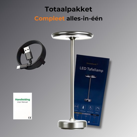 DreamGoods Oplaadbare Tafellamp - Draadloos & Dimbaar - Touch Bediening - voor Binnen & Buiten - Oplaadbaar - Tafellamp op Batterijen - Accu - Tafellampen zonder Snoer - Decoratie Woonkamer, Slaapkamer & Tuin - Tafel lamp - Industrieel