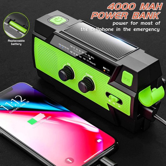 Noodradio - Solar Opwindbaar 4.000mAh - MODEL 2024 - Solar powerbank Zonneenergie - Survival Noodpakket - Zaklamp Oplaadbaar - Noodpakket – Noodrantsoen