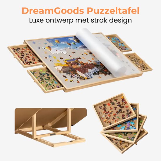 DreamGoods Puzzeltafel - In Hoogte Verstelbaar - Draaibaar Puzzelbord met Opbergsysteem - 1500 stukjes - 4 lades - Houten - Puzzeltafel - Puzzelplank - Puzzelmap - Puzzelmat - Portapuzzle - Puzzelplaat - Puzzel - Puzzeltafel met Lades