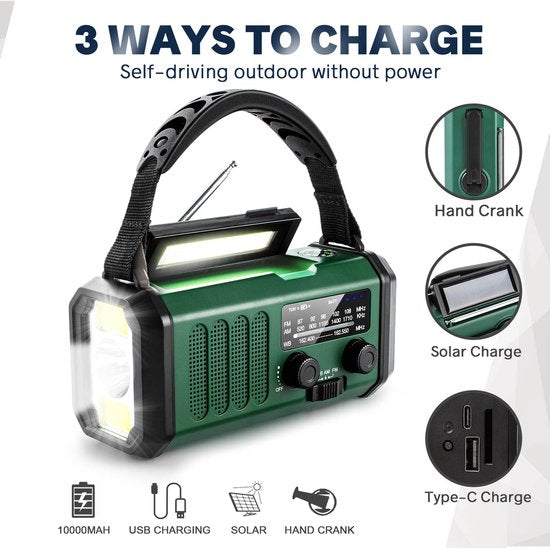 Noodradio - Solar Powerbank - Opwindbaar - 10.000 mAh - Noodalarm - Draagbare Radio op accu - Zaklamp - Survival Noodpakket - Groen - Legergroen