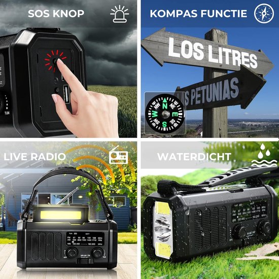 DreamGoods 10.000mAh Noodradio - Solar Opwindbaar - Solar Powerbank 10.000mAh - Denk Vooruit - Draagbare en Opwindbare Radio - Nood Radio - Noodradio dab Solar Opwindbaar