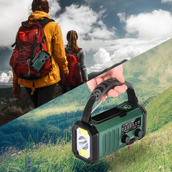Noodradio - Solar Powerbank - Opwindbaar - 10.000 mAh - Noodalarm - Draagbare Radio op accu - Zaklamp - Survival Noodpakket - Groen - Legergroen