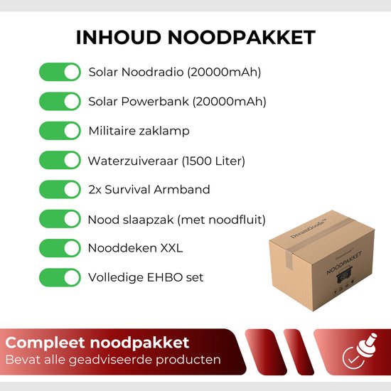 DreamGoods PRO - Noodpakket voor Thuis - Overleven bij Oorlog, Stroomuitval & Rampen - 20.000mAh Noodradio - Compleet Overlevingspakket - Denk Vooruit - 72+ uur Survival Kit - Bij Rampen