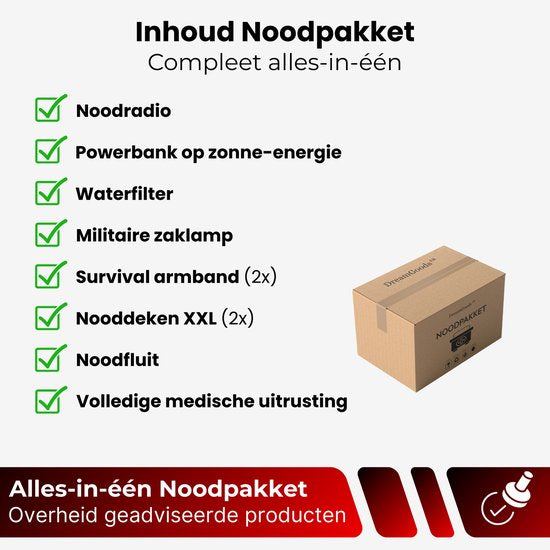 DreamGoods PRO - Noodpakket voor Thuis - Overleven bij Oorlog, Stroomuitval & Rampen - 4.000mAh Noodradio Compleet Overlevingspakket - Denk Vooruit - 72+ uur Survival Kit