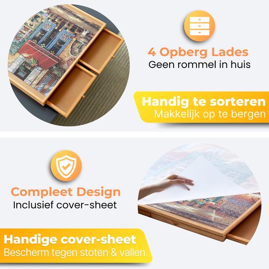 DreamGoods Puzzeltafel - In Hoogte Verstelbaar - Draaibaar Puzzelbord met Opbergsysteem - 1500 stukjes - 4 lades - Houten - Puzzeltafel - Puzzelplank - Puzzelmap - Puzzelmat - Portapuzzle - Puzzelplaat - Puzzel - Puzzeltafel met Lades