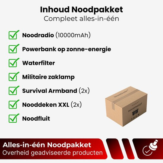 DreamGoods PRO - Noodpakket voor Thuis - Overleven bij Oorlog, Stroomuitval & Rampen - 10.000mAh Noodradio - Overlevingspakket - Denk Vooruit - 72+ uur Survival Kit