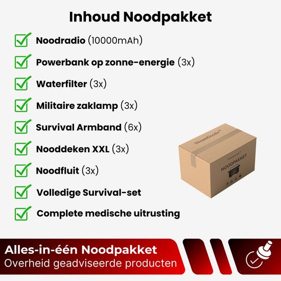 DreamGoods Compleet Noodpakket 2 Personen - 72+ uur Overlevingspakket - 10.000mAh Noodradio - Noodpakket voor Thuis - Survival Kit bij Rampen en Oorlog - Denk Vooruit - Rampenrugzak