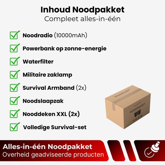 DreamGoods PRO - Noodpakket voor Thuis - Overleven bij Oorlog, Stroomuitval & Rampen - Compleet Overlevingspakket - 10.000mAh Noodradio - Denk Vooruit - Survival Kit - 72+ uur - Rampenrugzak