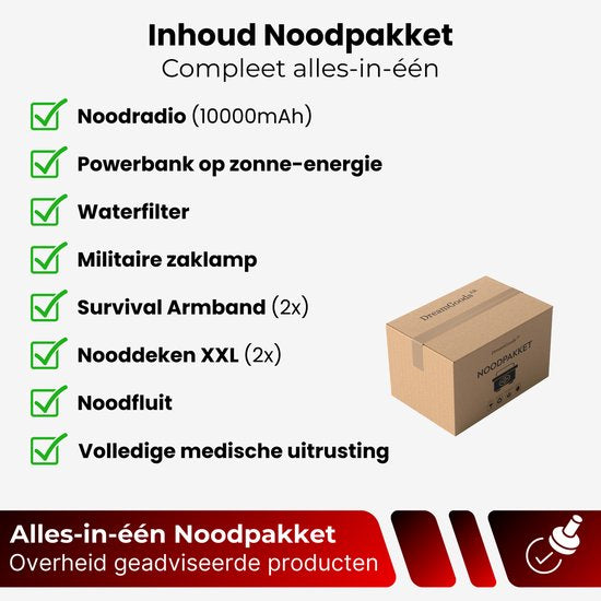 DreamGoods PRO - Noodpakket voor Thuis - Overleven bij Oorlog, Stroomuitval & Rampen - Compleet Overlevingspakket - 10.000mAh Noodradio - Denk Vooruit - 72+ uur - Survival Kit - bij Rampen - Rampenrugzak
