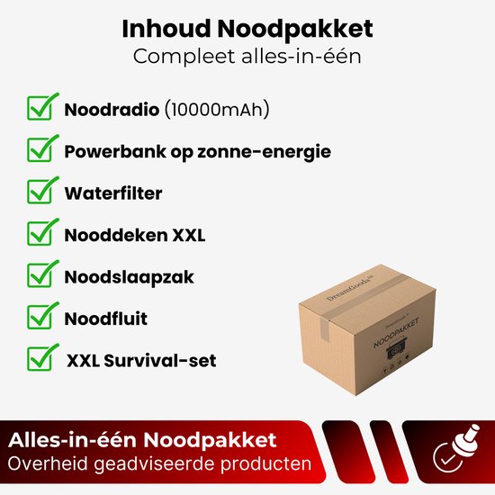 DreamGoods Compleet Noodpakket voor Thuis - Overlevingspakket Oorlog - 10.000mAh Noodradio - Denk Vooruit - 72+ uur Survival Kit - Bij Rampen - Rampenrugzak