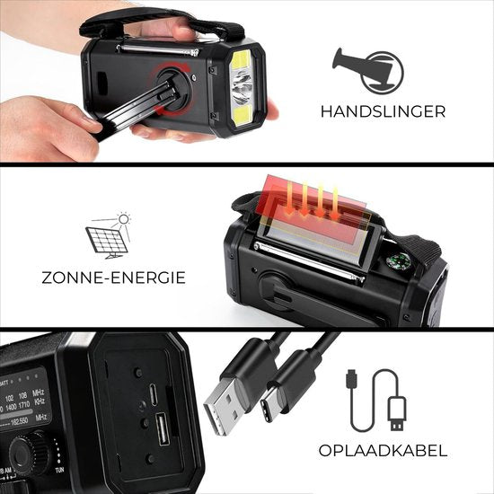 DreamGoods 10.000mAh Noodradio - Solar Opwindbaar - Solar Powerbank 10.000mAh - Denk Vooruit - Draagbare en Opwindbare Radio - Nood Radio - Noodradio dab Solar Opwindbaar