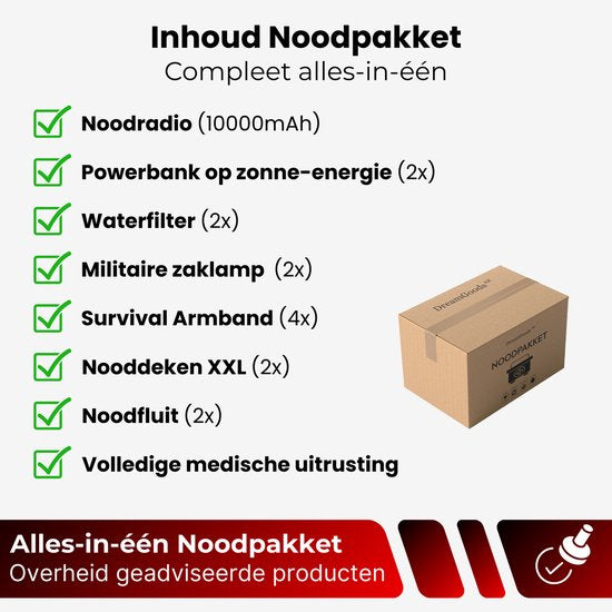 DreamGoods Compleet Noodpakket 2 Personen - Overlevingspakket Oorlog - 10.000mAh Noodradio - Denk Vooruit - 72+ uur Survival Kit - Noodpakket voor Thuis