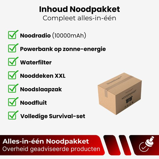 DreamGoods Compleet Noodpakket voor Thuis - Overlevingspakket Oorlog - 10.000mAh Noodradio - Denk Vooruit - 72+ uur Survival Kit - Bij Rampen - Rampenrugzak
