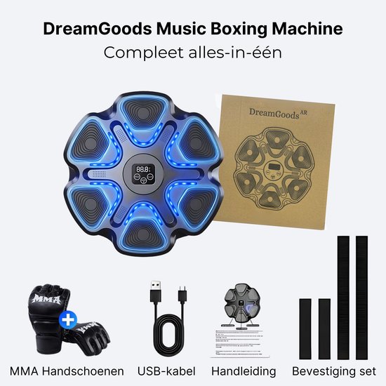 DreamGoods Boxing Machine - 9 Trainingslevels - Boksmachine met Muziek - Bokszak - Boksbal - Music Boxing Machine - Boks Apparaat - Digitale Boxing Machine - voor Kinderen & Volwassenen - Zwart