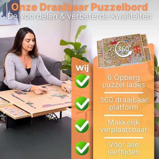 DreamGoods Draaibaar Puzzelbord met Opbergsysteem - 1500 stukjes - 6 lades - Houten - Puzzeltafel - Puzzelplank - Puzzelmap - Puzzelmat - Portapuzzle - Puzzelplaat - Puzzel - Puzzeltafel met Lades