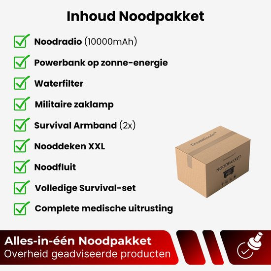 DreamGoods PRO - Noodpakket voor Thuis - Overleven bij Oorlog, Stroomuitval & Rampen - Compleet Overlevingspakket - 10.000mAh Noodradio - Denk Vooruit - 72+ uur Survival Kit - bij Rampen - Rampenrugzak
