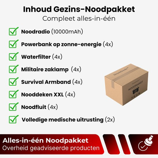DreamGoods PRO - Gezins-Noodpakket - Overleven bij Oorlog, Stroomuitval & Rampen - Compleet Overlevingspakket - Denk Vooruit - 72+ uur Survival Kit - Noodpakket voor Thuis