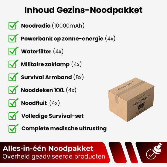 DreamGoods Compleet Gezins-Noodpakket - Overlevingspakket Oorlog - Denk Vooruit - 72+ uur Survival Kit - Noodpakket voor Thuis - Rampenrugzak