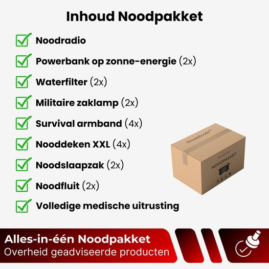 DreamGoods PRO - Noodpakket voor 2 Personen - Overleven bij Oorlog, Stroomuitval & Rampen - Noodpakket voor Thuis - Overlevingspakket - Denk Vooruit - Survival Kit - Denk Vooruit - Rampenrugzak