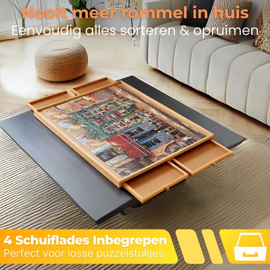DreamGoods Puzzeltafel - In Hoogte Verstelbaar - Draaibaar Puzzelbord met Opbergsysteem - 1500 stukjes - 4 lades - Houten - Puzzeltafel - Puzzelplank - Puzzelmap - Puzzelmat - Portapuzzle - Puzzelplaat - Puzzel - Puzzeltafel met Lades
