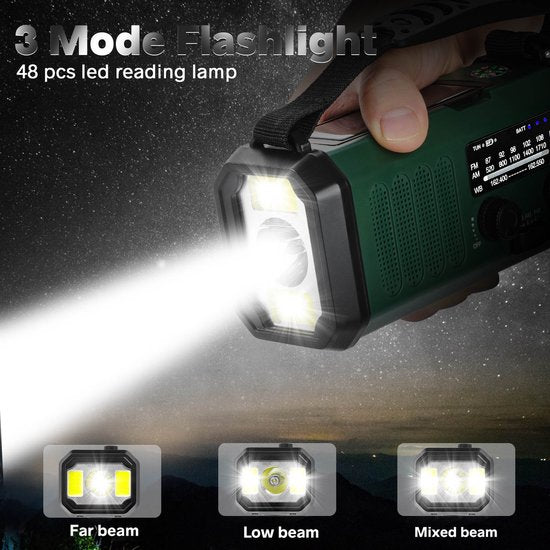 Noodradio - Solar Powerbank - Opwindbaar - 10.000 mAh - Noodalarm - Draagbare Radio op accu - Zaklamp - Survival Noodpakket - Groen - Legergroen