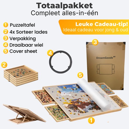 DreamGoods Puzzeltafel - In Hoogte Verstelbaar - Draaibaar Puzzelbord met Opbergsysteem - 1500 stukjes - 4 lades - Houten - Puzzeltafel - Puzzelplank - Puzzelmap - Puzzelmat - Portapuzzle - Puzzelplaat - Puzzel - Puzzeltafel met Lades