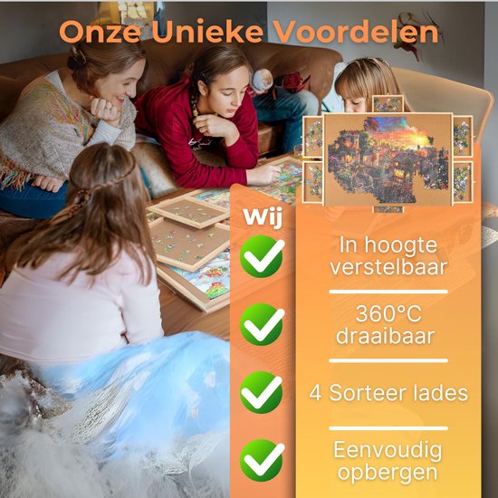 DreamGoods Puzzeltafel - In Hoogte Verstelbaar - Draaibaar Puzzelbord met Opbergsysteem - 1500 stukjes - 4 lades - Houten - Puzzeltafel - Puzzelplank - Puzzelmap - Puzzelmat - Portapuzzle - Puzzelplaat - Puzzel - Puzzeltafel met Lades