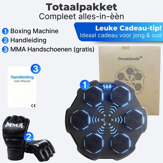 DreamGoods Boxing Machine - 8 Trainingslevels - Boksmachine met Muziek - MMA Handschoenen - Bokszak - Boksbal - Boks Apparaat - Digitale Boksmachine met Bluetooth Functies - Zwart